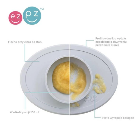 EZPZ Komplet pierwszych naczyń silikonowych First Foods Set pastelowa szarość + kubeczek Tiny Cup GRATIS pastelowa szarość