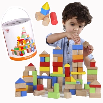 TOOKY TOY Zestaw Drewnianych Klocków w Wiaderku (100el.)