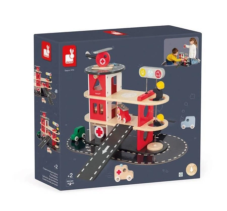 Drewniana remiza strażacka z 5 akcesoriami Bolid 2+, Janod