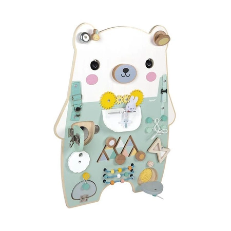 Janod Duża drewniana tablica manipulacyjna 20 aktywności Miś Pure 18m+