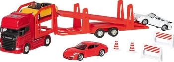 Ciężarówka z lawetą i 3 metalowymi samochodzikami Super Truck auto transporter Scania V8 Goki 12327 autka dla dzieci