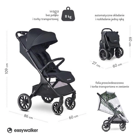 Easywalker Jackey² XL Komfortowy, samoskładający się wózek spacerowy z torbą transportową i osłoną przeciwdeszczową Midnight Black