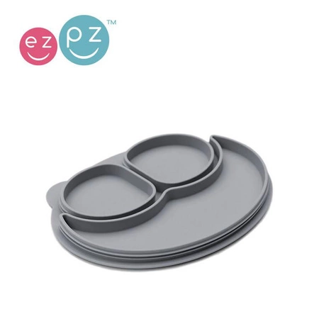 EZPZ Silikonowy talerzyk z podkładką mały 2w1 Mini Mat pastelowa szarość + pokrywka GRATIS szara