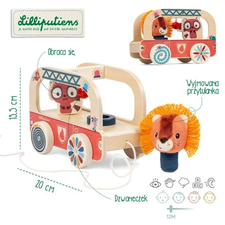 Lilliputiens Drewniany wózek do ciągnięcia Wóz strażacki Lew Jack 12 m+