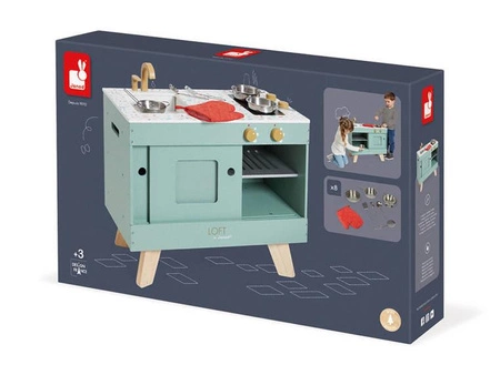 Drewniana kuchnia Loft z dźwiękiem i 8 akcesoriami 3+, Janod
