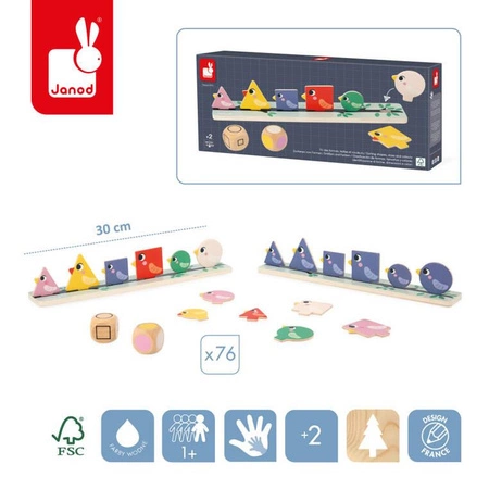 Układanka edukacyjna Sortowanie kształtów, kolorów i rozmiarów Ptaki 2+, Janod