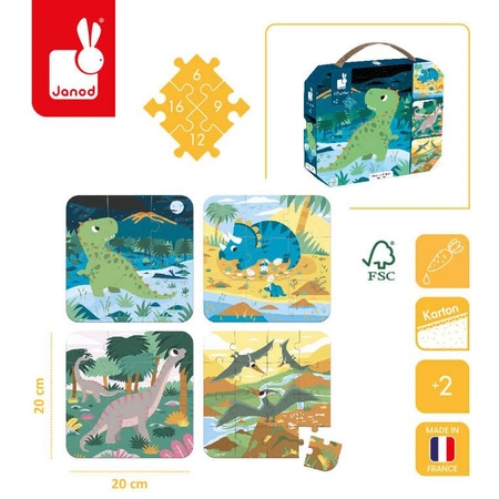 Puzzle progresywne w walizce Dinozaury 4 układanki – 6, 9, 12 i 16 elementów 2+, Made in France, Janod (stary indeks: J02657)