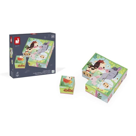 Janod Klocki układanka 6w1 kostki 9 el. Farma 2+