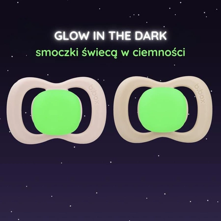 Smoczek silikonowy symetryczny 0 - 6 mies. 2 szt. glow in the dark róż/latte, b.box