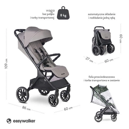 Easywalker Jackey² XL Komfortowy, samoskładający się wózek spacerowy z torbą transportową i osłoną przeciwdeszczową Pebble Grey