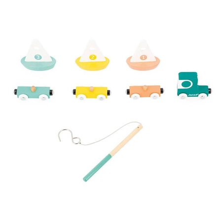 Pociąg drewniany z torami, łódkami i makietą jeziora Bolid 2+, Janod