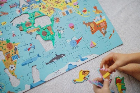 Mudpuppy Puzzle Mapa Świata z elementami w kształcie budynków i zwierząt 5+