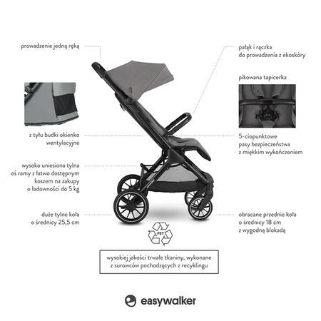 Easywalker Jackey XL Przestronny, samoskładający się wózek spacerowy z kołami XL Marble Grey
