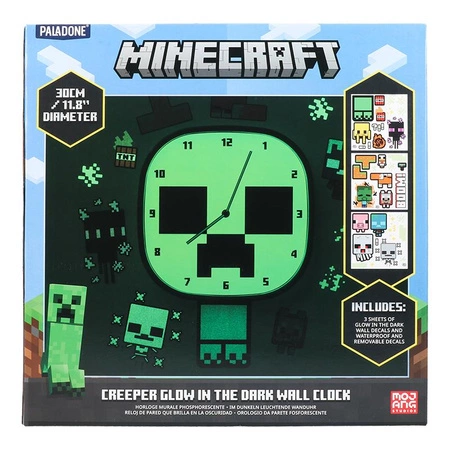 Minecraft Creeper zegar ścienny świecący w ciemności plus zestaw naklejek