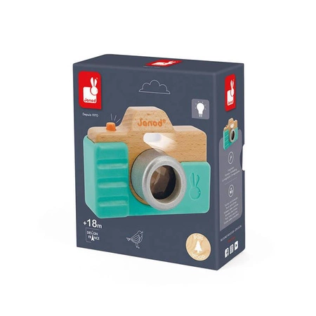 Drewniany aparat fotograficzny z dźwiękiem i lampą błyskową 18 m+, Janod
