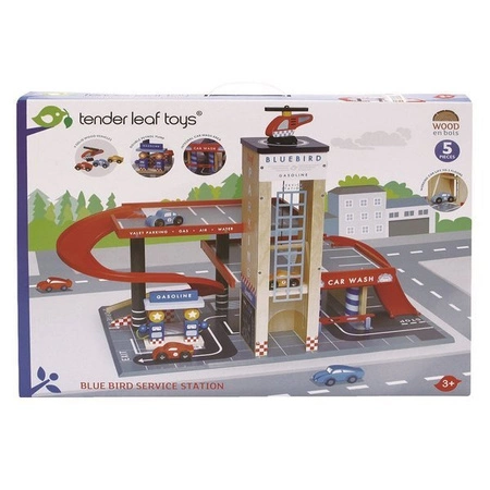Drewniany garaż z samochodami i helikopterem, Tender Leaf Toys