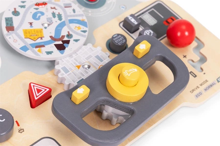 Drewniana tablica manipulacyjna sensoryczna dla dzieci panel edukacyjny auto kierownica 15 elementów ECOTOYS