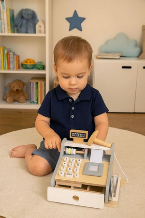 Drewniana kasa fiskalna dla dzieci skaner banknoty monety karta ECOTOYS