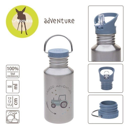 Lassig Butelka - bidon ze stali nierdzewnej z dodatkową zakrętką z ustnikiem 500 ml Adventure Traktor