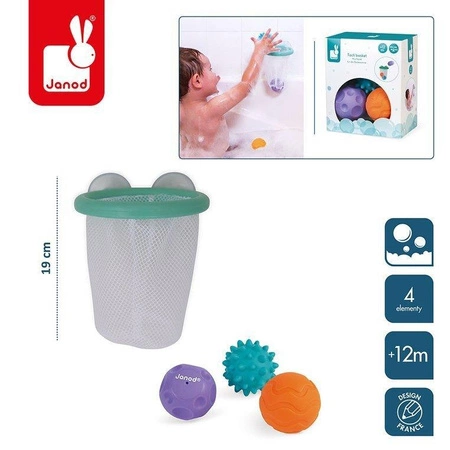 Gra w koszykówkę do kąpieli kosz z przyssawkami z 3 piłkami 12m+, Janod