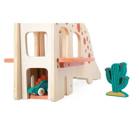 Drewniany garaż piętrowy z windą i 6 akcesoriami Dinozaury 2+, Janod