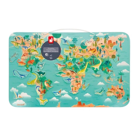 Układanka drewniana magnetyczna Mapa świata z 50 magnesami Dinozaury 7+, Janod
