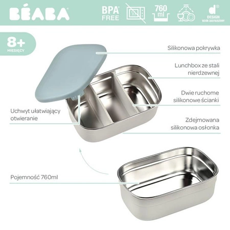 Beaba Lunchbox ze stali nierdzewnej konfigurowalny z silikonową pokrywką i osłoną Baltic Blue