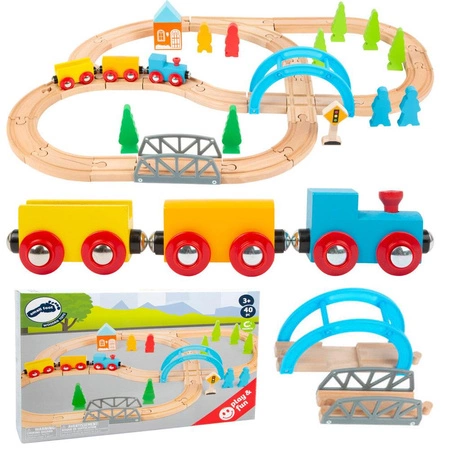 Kolejka drewniana zestaw z akcesoriami Pociąg w podróży 11491-Small Foot, kolejki dla dzieci z mostem