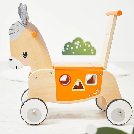 Janod Jeździk i pchacz 2w1 z sorterem kształtów Osiołek Farma 12m+
