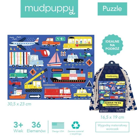 Mudpuppy Puzzle podróżne w woreczku Transport 36 elementów 3+