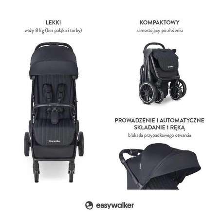 Easywalker Jackey² XL Komfortowy, samoskładający się wózek spacerowy z torbą transportową i osłoną przeciwdeszczową Midnight Black
