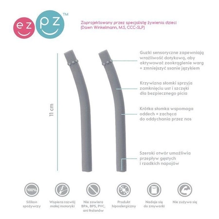 EZPZ Zestaw uzupełniających silikonowych słomek do kubeczka Mini Cup 2 szt. szary