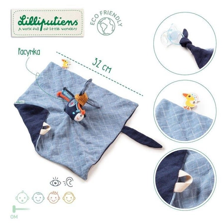 LILLIPUTIENS Muślinowy komforter z mini-pacynką na palec Osiołek Ignace 0 m+