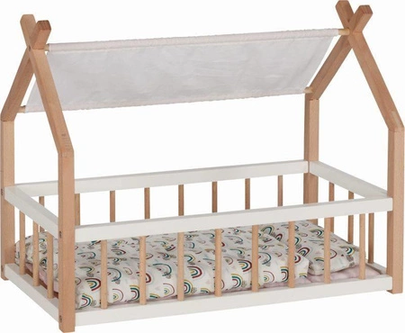 Łóżeczko z drewna dla lalek łóżko domek z daszkiem 51519-Goki, mebelki dla lalek