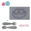 EZPZ Silikonowy talerzyk z podkładką 2w1 Happy Mat + GRATIS komplet silikonowych sztućców szary