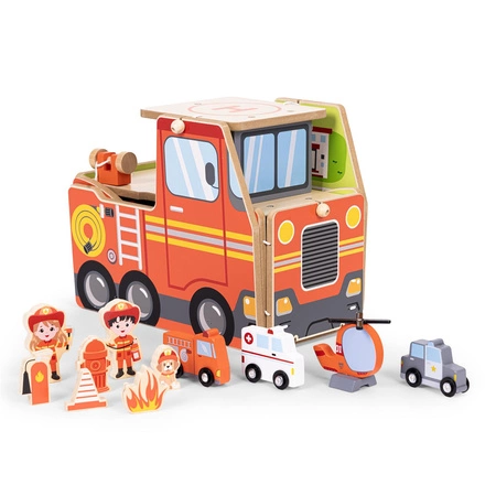 Drewniany garaż zestaw straży pożarnej 2w1 – remiza i wóz 2 piętra figurki pojazdy ECOTOYS