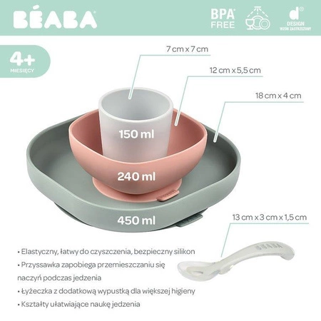 Beaba Komplet naczyń z silikonu z przyssawką eucalyptus