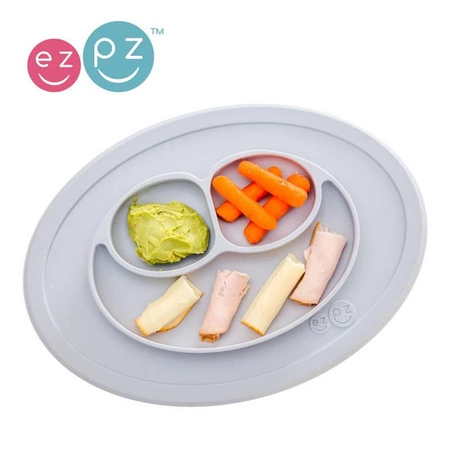 EZPZ Silikonowy talerzyk z podkładką mały 2w1 Mini Mat + pokrywka GRATIS pastelowa szarość