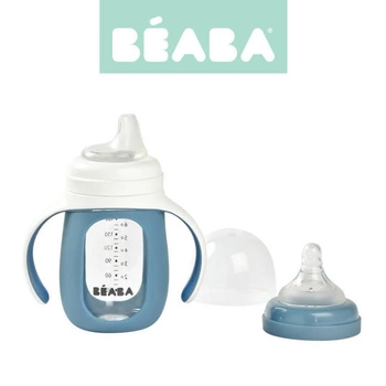 Beaba Szklana butelka treningowa w silikonowej osłonce 2w1 210 ml Windy blue