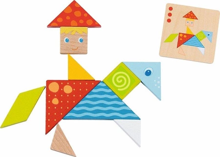 Tangram dla dzieci 37 el. drewniane klocki Kolorowy świat Goki 56316 układanki edukacyjne