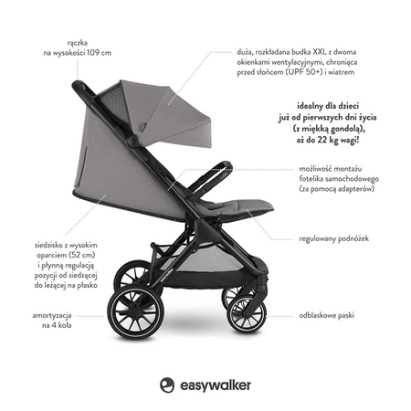 Easywalker Jackey XL Przestronny, samoskładający się wózek spacerowy z kołami XL Marble Grey