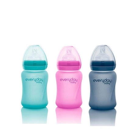 Szklana butelka ze smoczkiem S reagująca na temperaturę, 150 ml, wiśniowa, Everyday Baby