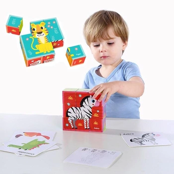 TOOKY TOY Układanka Montessori Bloki Kostki Sześciany Puzzle Zwierzęta + wzorniki