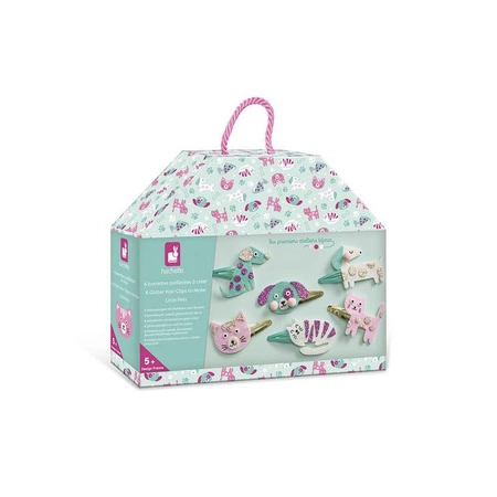 Janod Zestaw kreatywny do tworzenia biżuterii Brokatowe spinki do włosów Pieski i kotki 5+