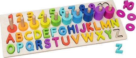 Drewniana układanka sorter nauka liczenia cyfr liter i kolorów Goki 58357 zabawka edukacyjna