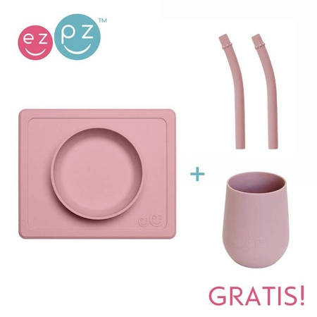 EZPZ Silikonowa miseczka z podkładką 2w1 Mini Bowl + GRATIS silikonowy kubeczek Mini Cup 120ml z 2 słomkami  pastelowy róż