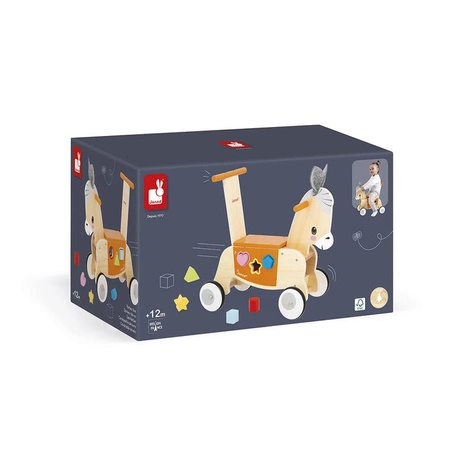 Janod Jeździk i pchacz 2w1 z sorterem kształtów Osiołek Farma 12m+