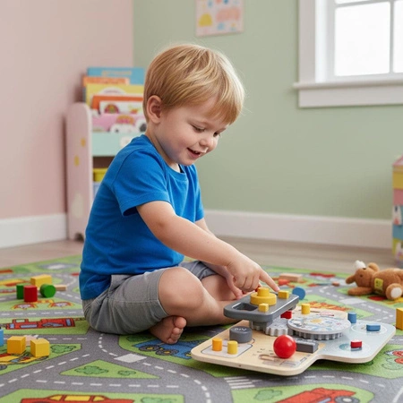 Drewniana tablica manipulacyjna sensoryczna dla dzieci panel edukacyjny auto kierownica 15 elementów ECOTOYS