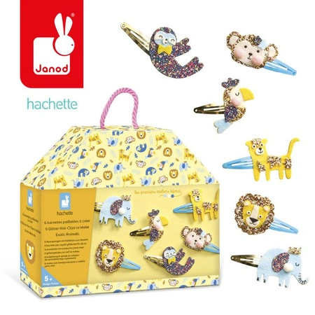 Janod Zestaw kreatywny do tworzenia biżuterii Brokatowe spinki do włosów Egzotyczne zwierzęta 5+