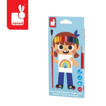 Janod Kredki akwarelowe z pędzelkiem 12 kolorów 3+